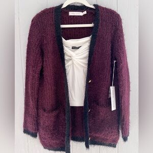 bishop + young NWT Plum Cardigan with Black Trim